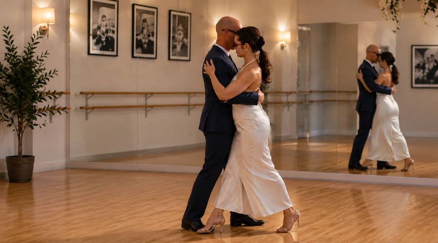 Pareja ensayando el baile nupcial en academia de baile en Málaga